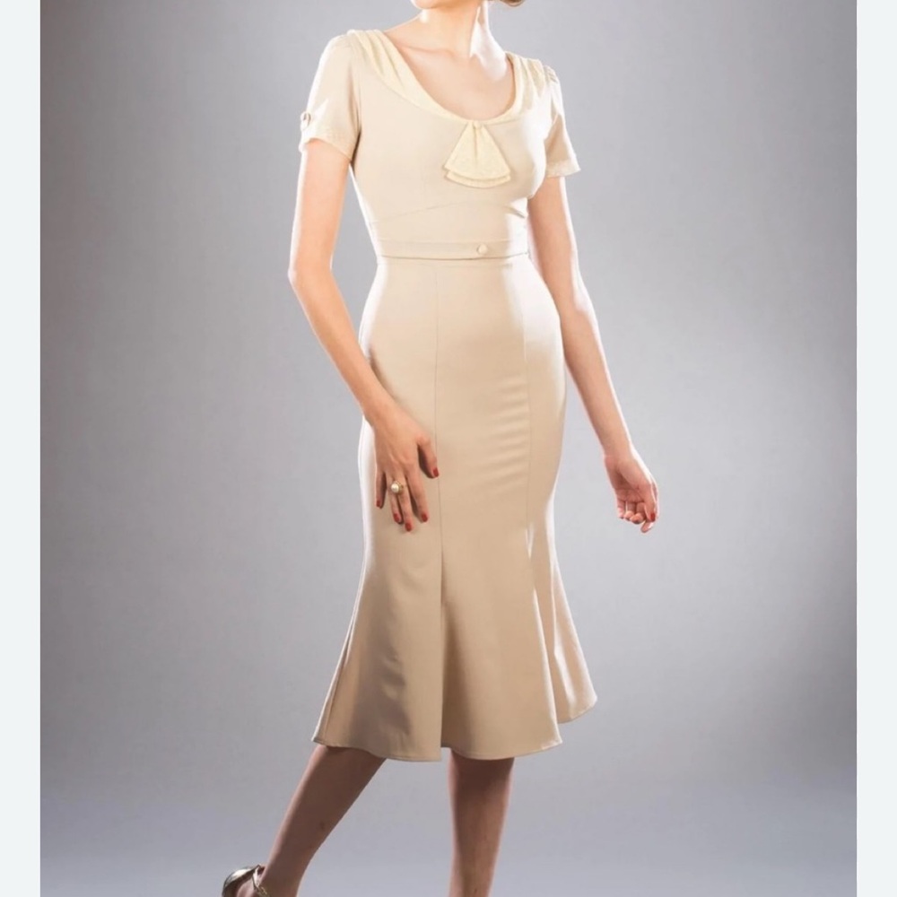 Stop Staring Pin-up Tan Dress with Lace Accents - Picture 4 of 4